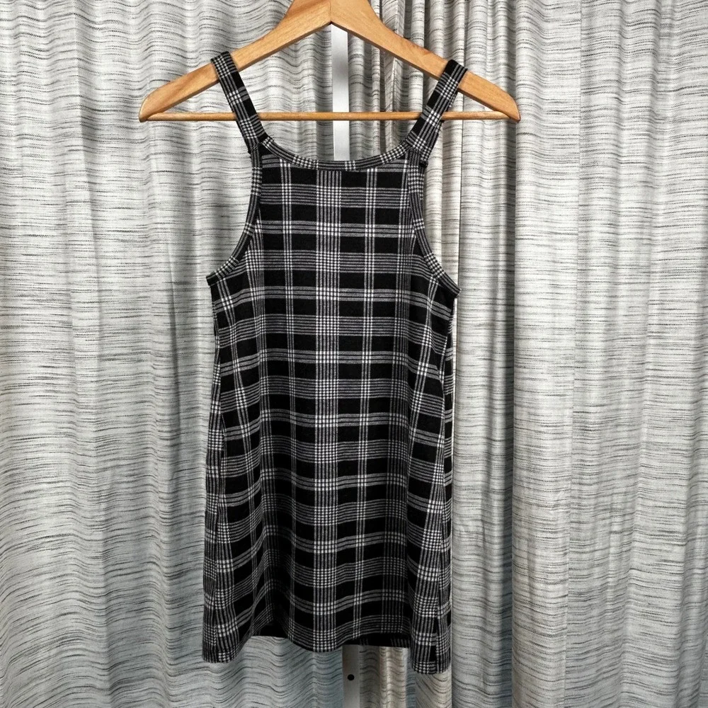 Popular 21 Jumper Dress Black White Girls M 10/12 Plaid Knit Pockets EUC